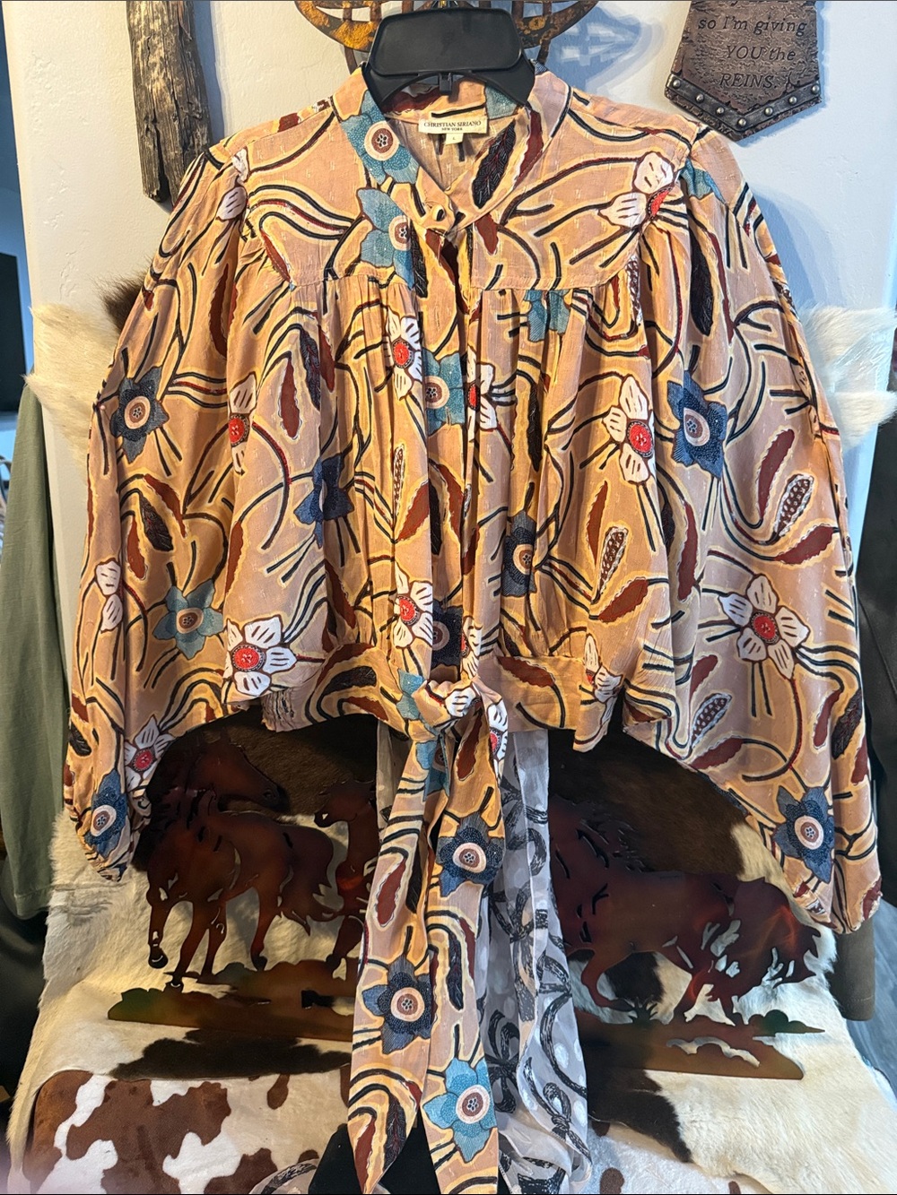 Christian Siriano Peach Floral Tie-Front Blouse